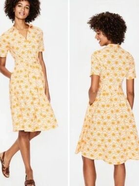 BODEN Anastasia Button Down Pocket Shirt Dress in Yellow Stars Size 14 MSRP $138